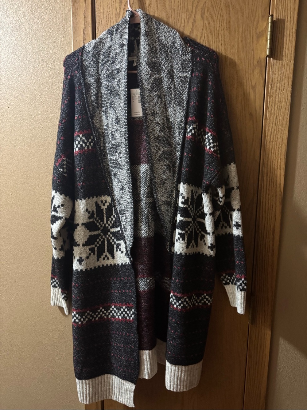 Maurices Black, White & Maroon Snowflake Open-Front Cardigan